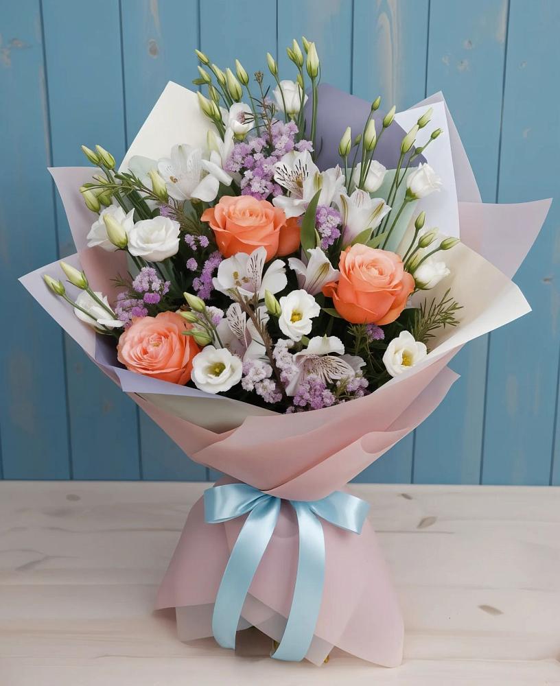 Букет цветов из: Лизиантусы, Розы, Альстромерии и Гипсофила в Кантемировке